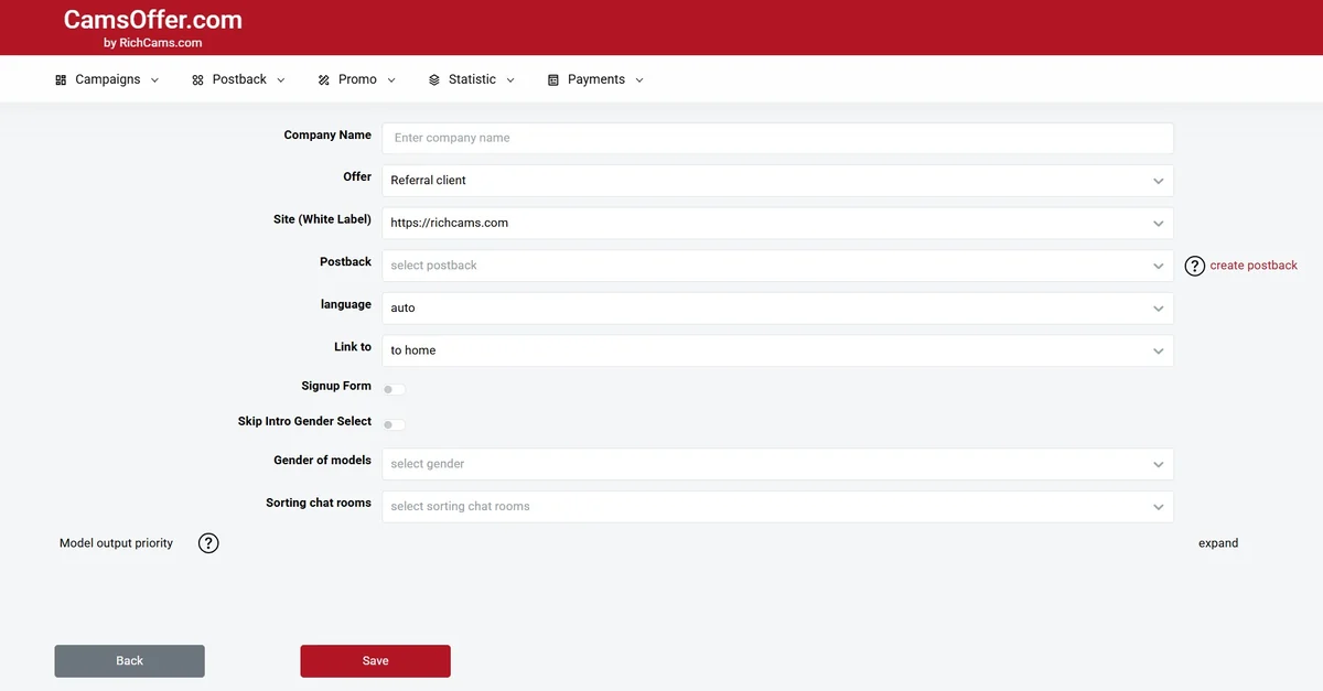 Creating an ad campaign in the webmaster area: offer, white label site, postback, language, landing page, sign-up form, model gender and chat room sorting