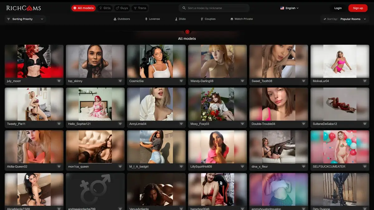 واجهة متجر RichCams المبنية على Krona.Chat: كتالوج الغرف المباشرة مع عوامل التصفية والفئات والترتيب