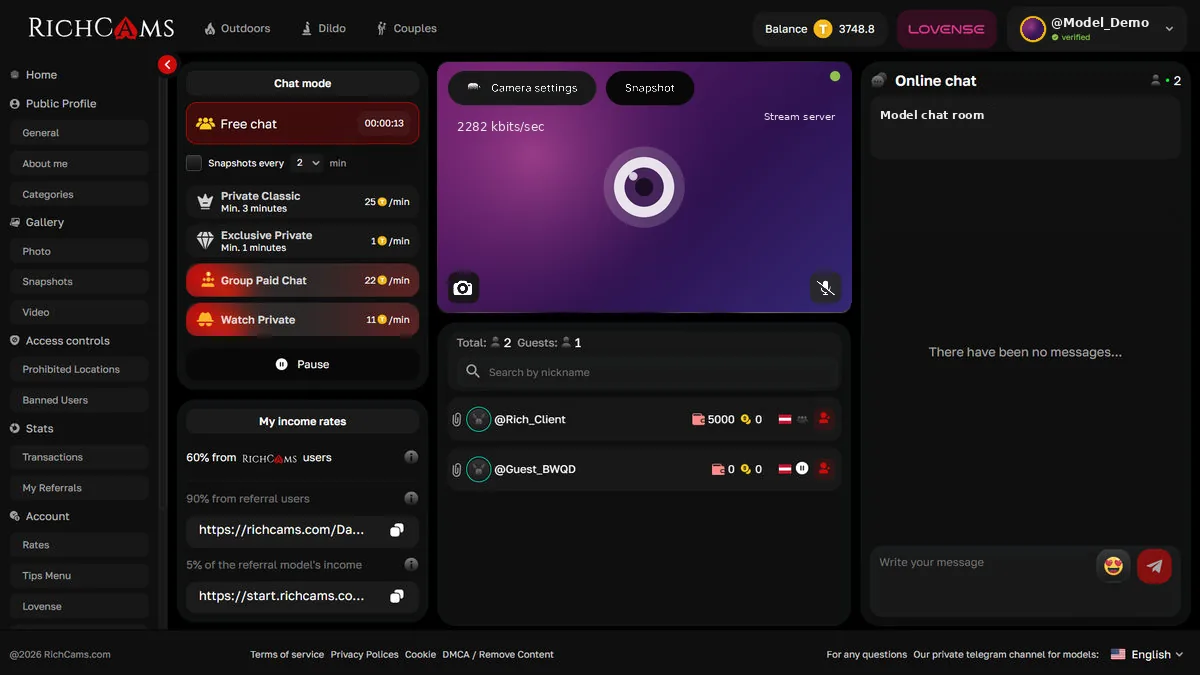 لوحة تحكم العارضة في RichCams المبنية على Krona.Chat: أدوات التحكم في البث، وأوضاع الدردشة بأسعار بالدقيقة، وقائمة المشاهدين، والدردشة