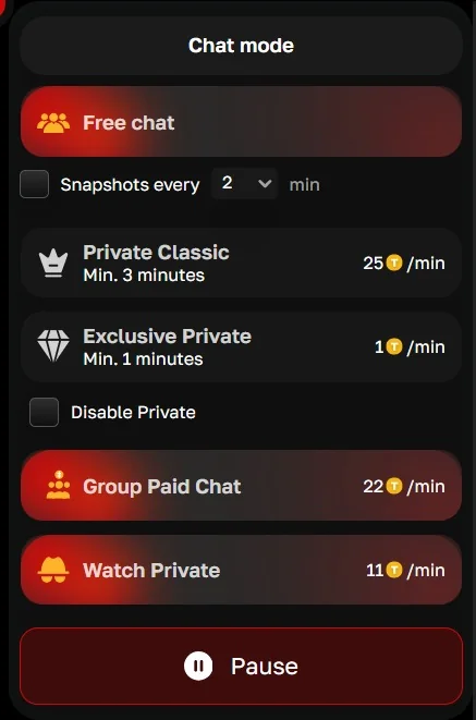 Chat mode panel in the cam model dashboard: free chat with auto snapshots, Classic and Exclusive Private with per-minute prices, disable private, group paid chat, Watch Private and pause