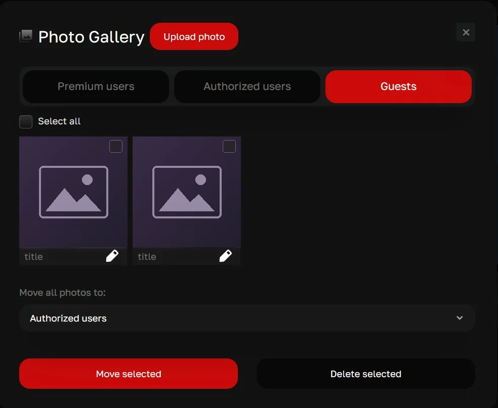 Cam model photo gallery with three access levels: Premium users, signed-in users and guests