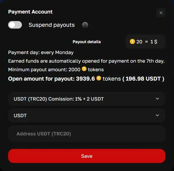 Cam model payment account: payout day, minimum amount, token rate, payout method and amount available