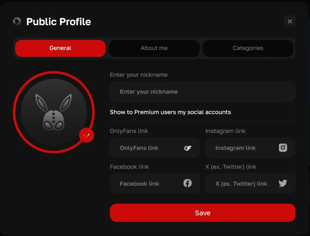 Cam model public profile: nickname, avatar and OnlyFans, Instagram, Facebook and X links for Premium users