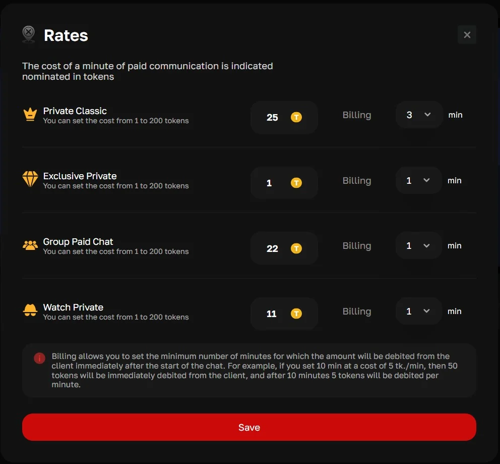 Rates in the cam model dashboard: per-minute token price and minimum billing for Classic Private, Exclusive Private, group chat and Watch Private