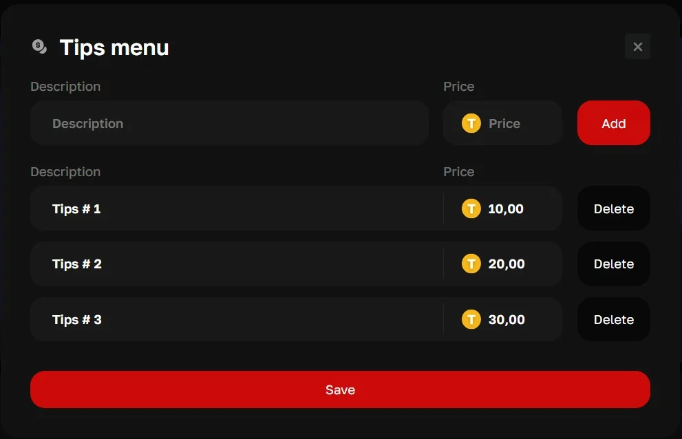 Tip menu in the cam model dashboard: description and token price for each item