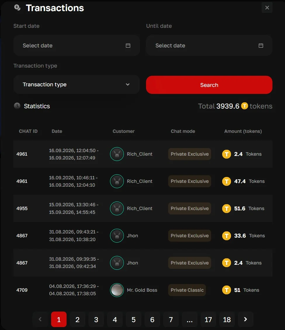 Cam model transactions: chat ID, date, customer, chat mode and token amount with date and type filters